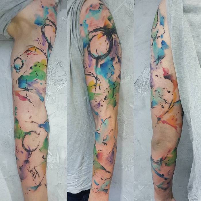 watercolour tattoo, abstract art, white background, grey top, dragon sleeve tattoo