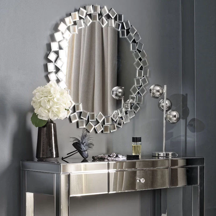 makeup desk vanity, mirror frame, made of square mirrors, metal table, with a drawer