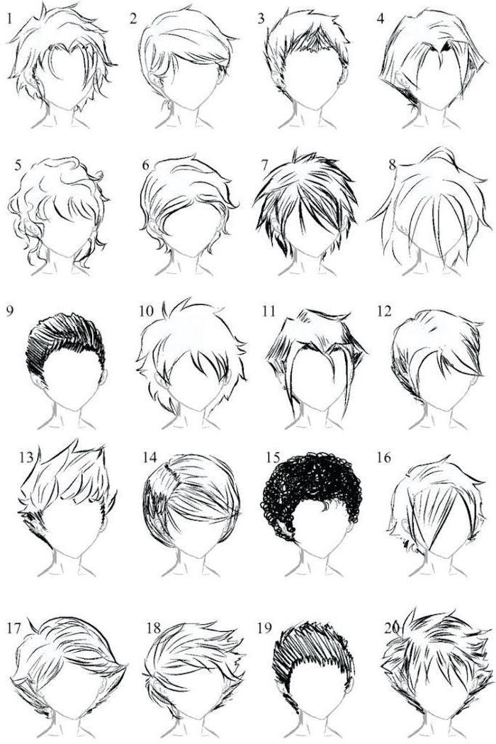 different hairstyles, anime drawing ideas, black and white, pencil sketch, how to draw manga step by step