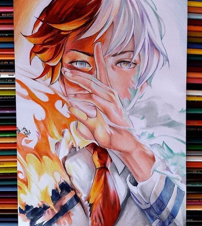 split drawing, cute anime drawings, colourful drawing, boy drawing