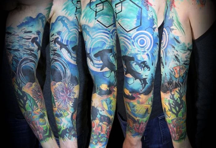 watercolour tattoo, dragon sleeve tattoo, underwater world, coral reefs and fish