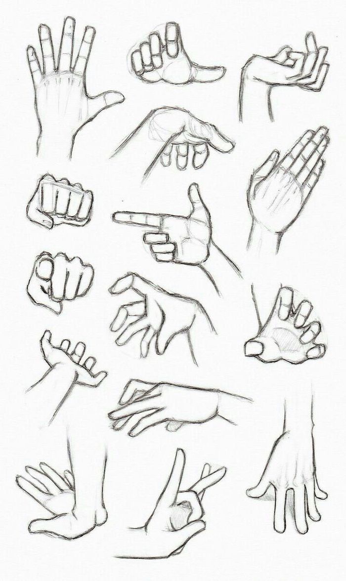 different hand gestures, how to draw anime girl, black and white, pencil sketch