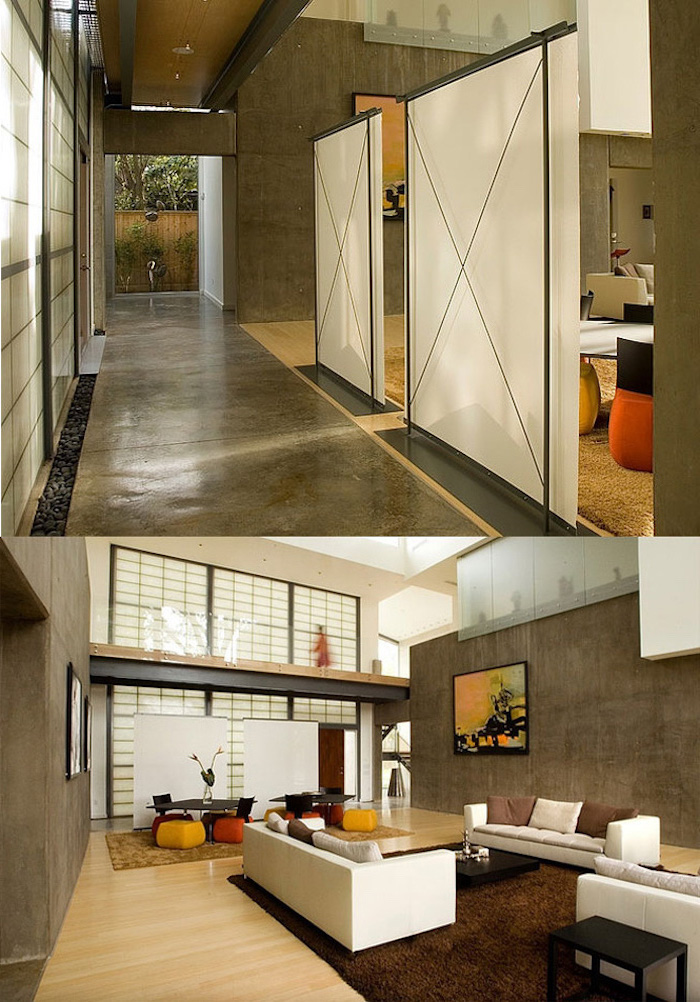 panel room divider, white screens, white sofas, japanese style, wooden floor, brown carpet