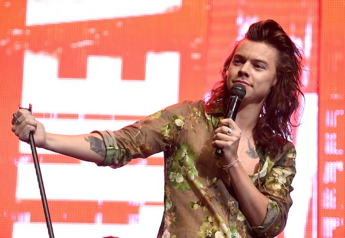 harry styles, holding a microphone, trendy haircuts for men, floral shirt, brown curly hair