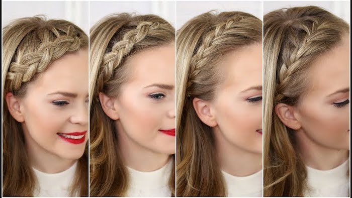 four different styles, headband braids, french braid hairstyles, blonde hair, side by side photos