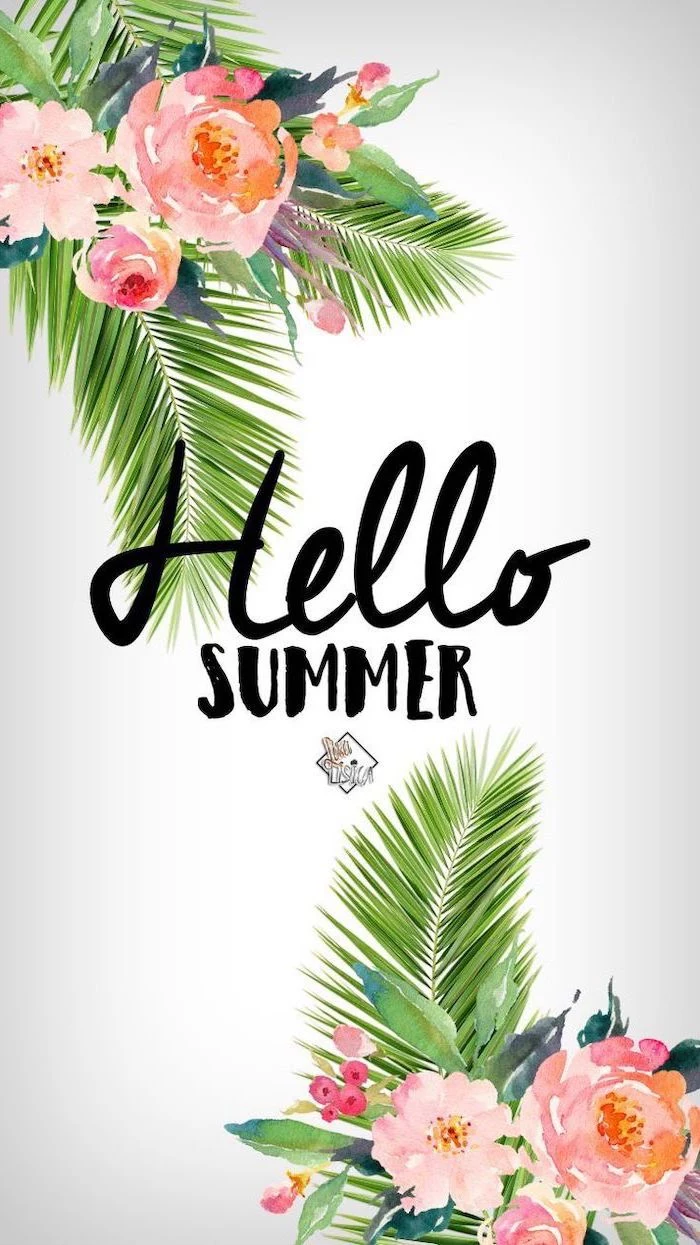 hello summer, green palm leaves, pink flowers, cute wallpapers, white background