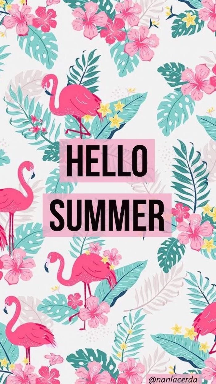 hello summer, pink flamingos, pink flowers, green palm leaves, aesthetic iphone wallpaper
