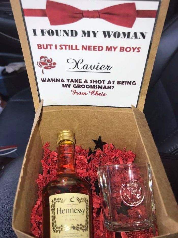 carton box, bottle of henessy, whiskey glass, best groomsmen gifts ever, i found my woman, but i still need my boys