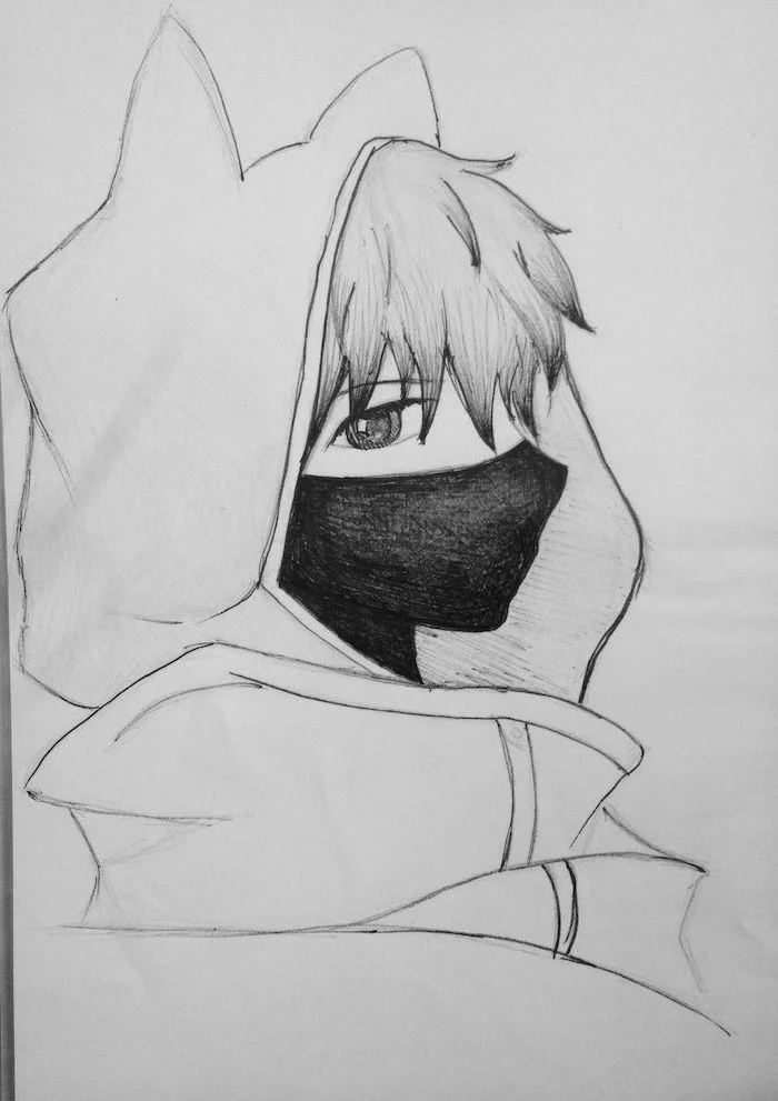 pencil sketch, black and white, cute anime drawings, boy drawing