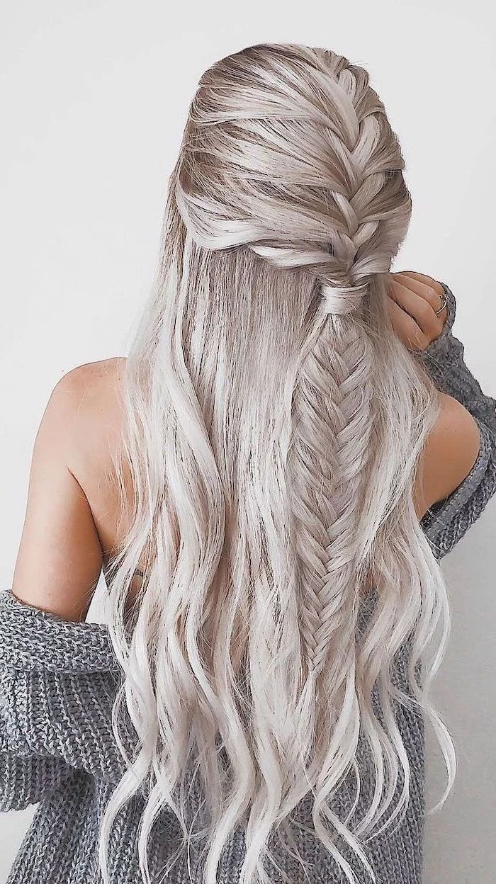 platinum blonde hair, fishtail braid, french braid hairstyles, grey cardigan, white background