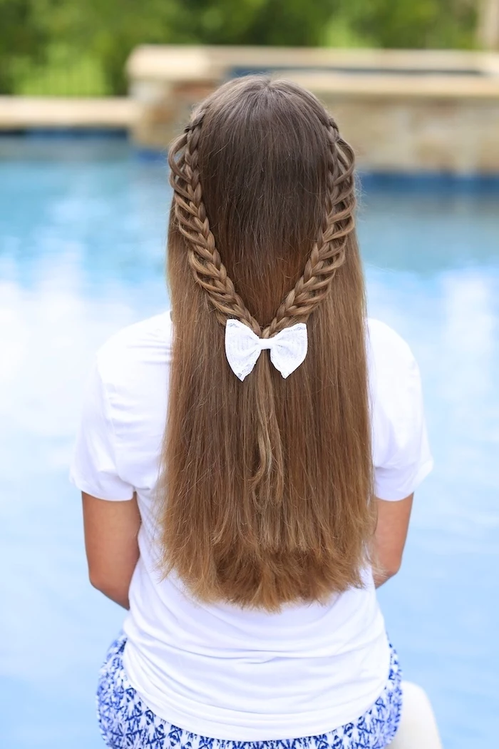 little girl, french braid hairstyles, brown hair, two braids, white bow, white shirt