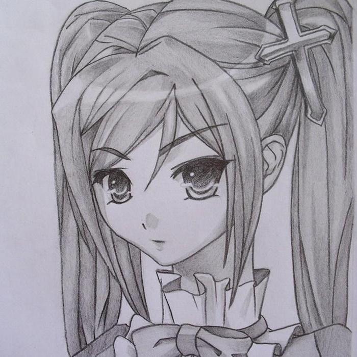 girl drawing, black and white, pencil sketch, anime face