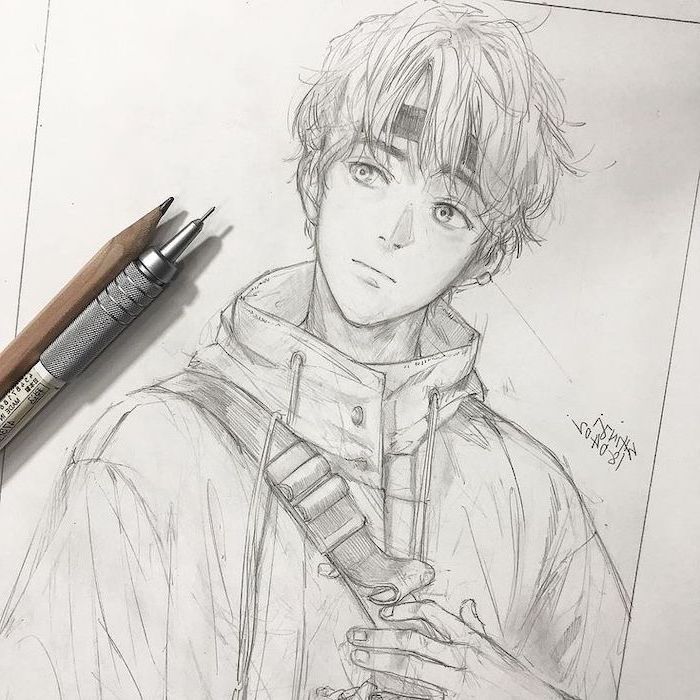 pencil sketch, black and white, how to draw anime heads, boy drawing