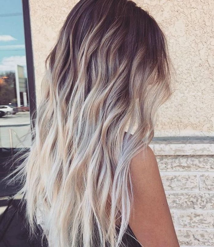 black to platinum blonde, ombre hair brown to blonde, white background, long wavy hair