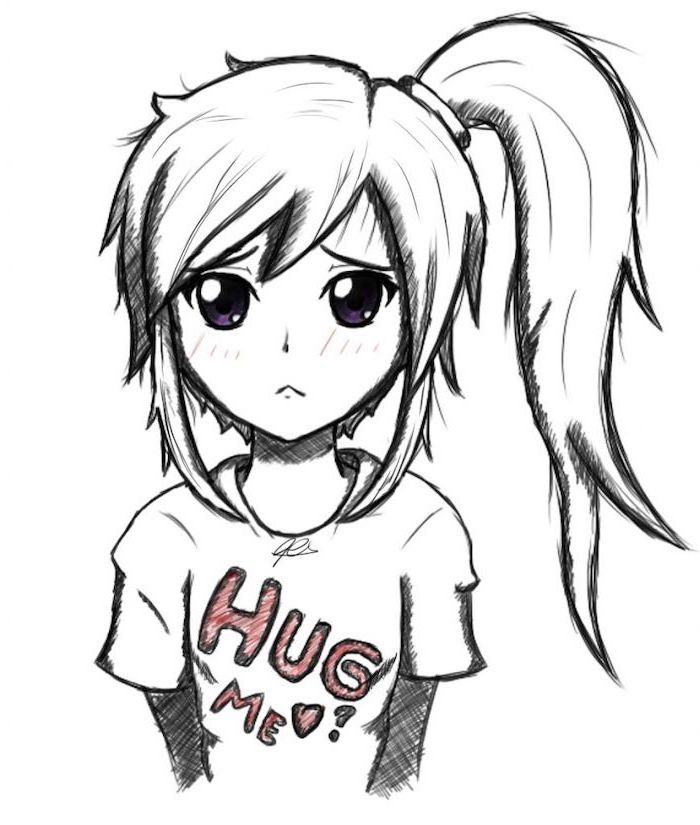 girl drawing, purple eyes, large ponytail, how to draw anime heads, hug me t shirt