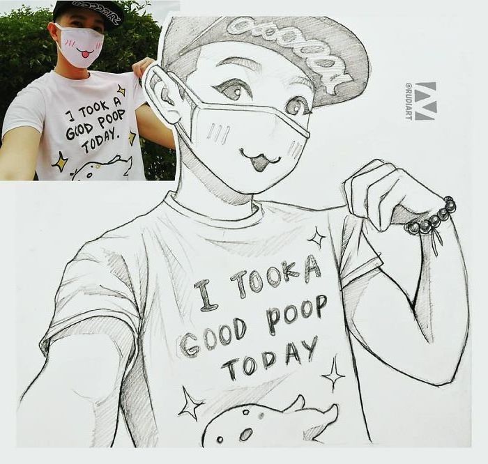 i took a good poop today t shirt, black and white, pencil sketch, drawn from a photo, learn to draw anime