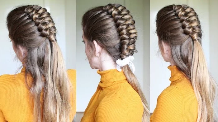 yellow polo sweater, how to braid, dark blonde hair, half braid, half ponytail