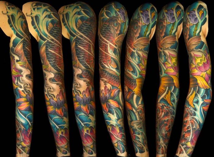 japanese koi fish, watercolour tattoo, half sleeve tattoos for women, photos from different angles