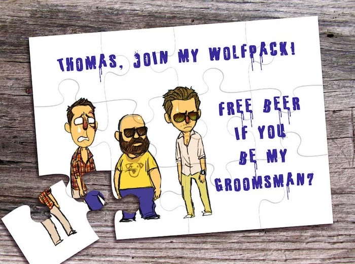 join my wolfpack, jigsaw puzzle, good groomsmen gifts, wooden background