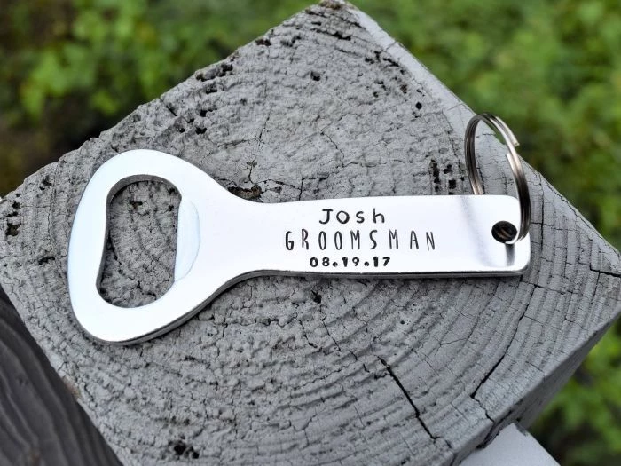metal bottle opener, personalised with name and date, good groomsmen gifts