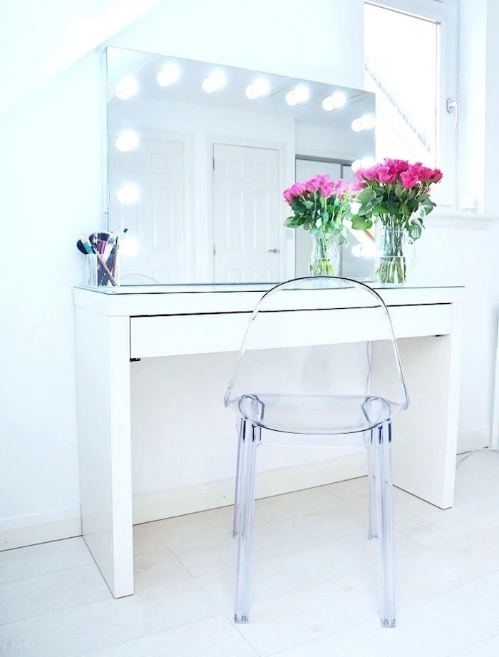 acrylic chair, makeup desk vanity, white table, mirror with lights, pink roses bouquet
