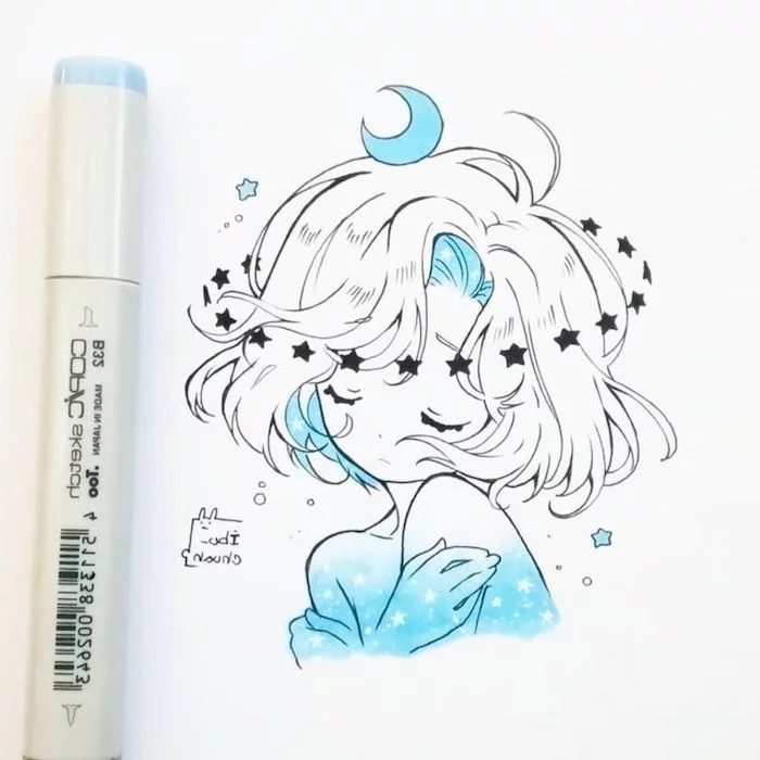 learn to draw anime, girl drawing, with black marker, stars and moon