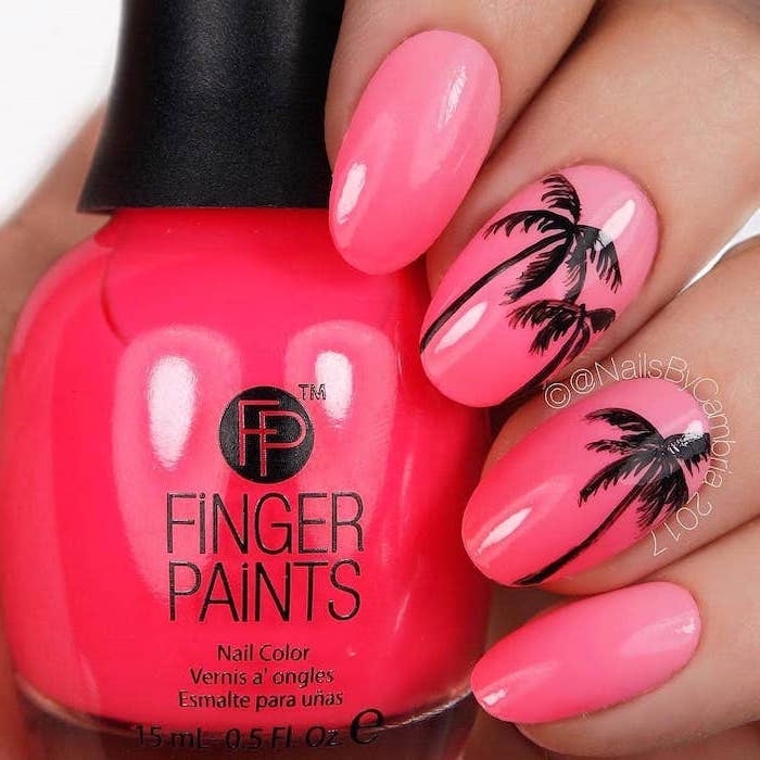 pink nail polish, black palm trees, spring nail designs, nail polish bottle