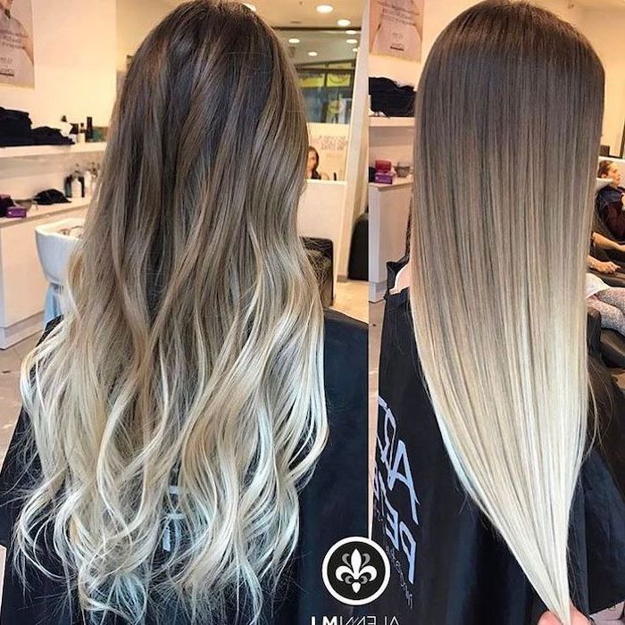 brown to blonde, long hair, curly and straight, side by side photos, ash blonde ombre