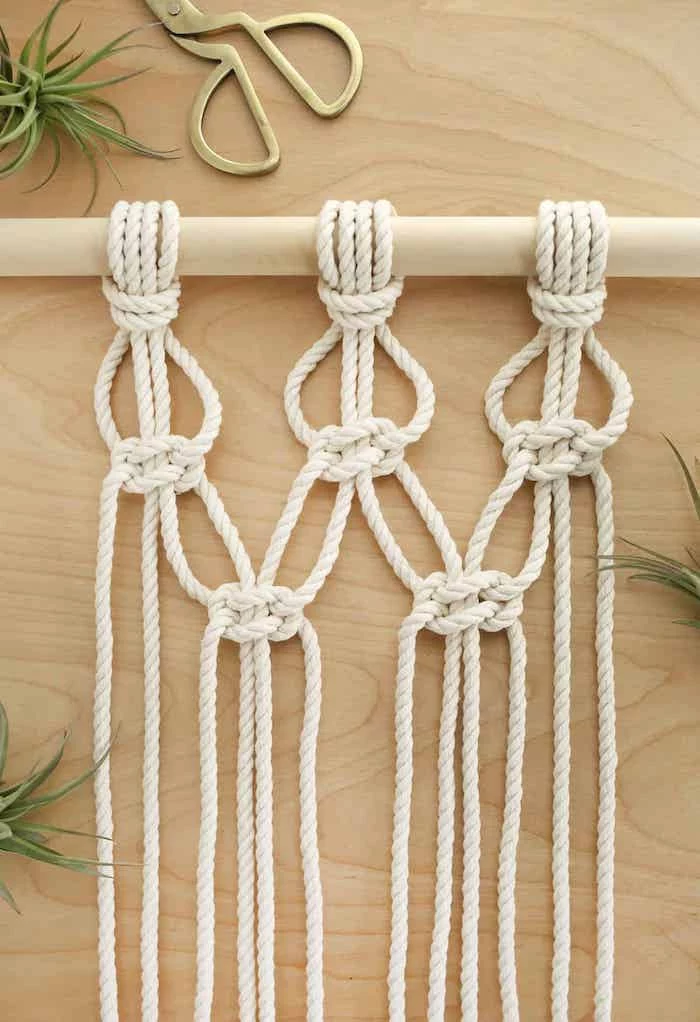 wooden pole, white rope, diy tutorial, with macrame, step by step, diy room divider