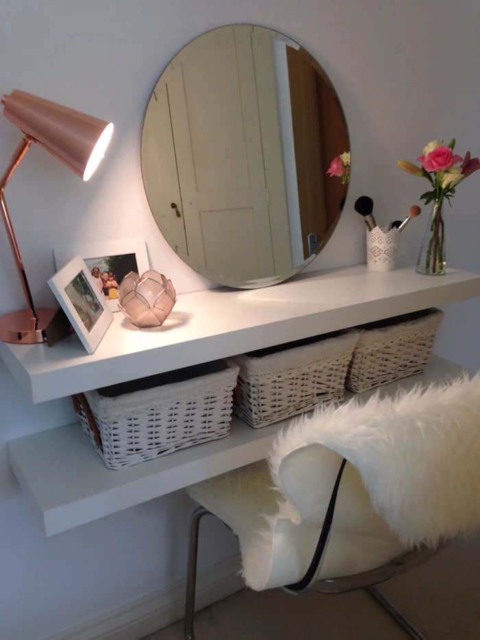 round mirror, floating shelves with baskets, makeup vanity chair, white furry cover