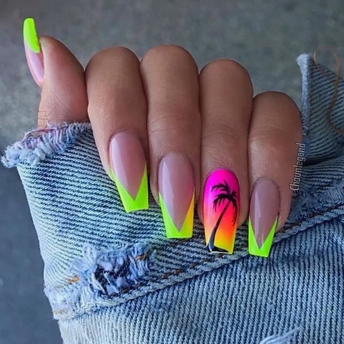 pink and orange, neon nail polish, nail tip designs, black palm tree, long ...