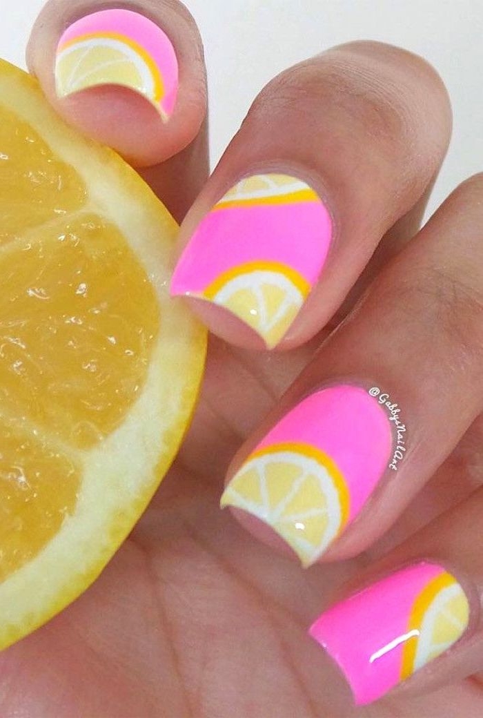 pink nail polish, lemon slices drawing, nail tip designs, white background, short nails