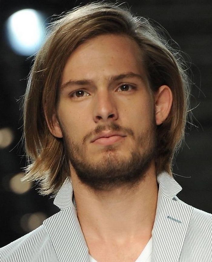 blonde hair, white and grey striped blazer, hairstyles for men with long hair, white shirt