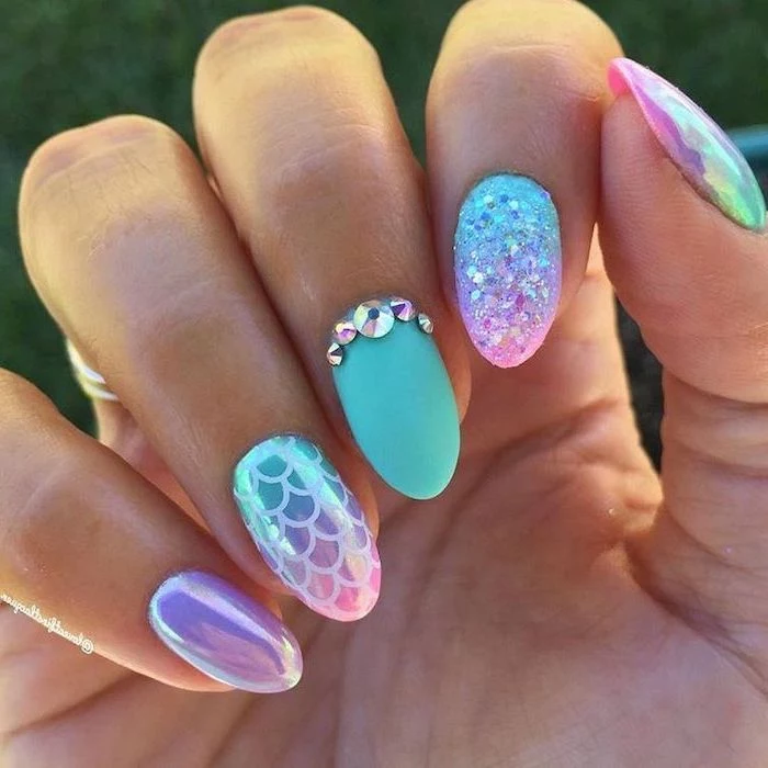 nail color ideas, mermaid nails, chrome and glitter, matte nail . polish, rhinestones on the middle finger