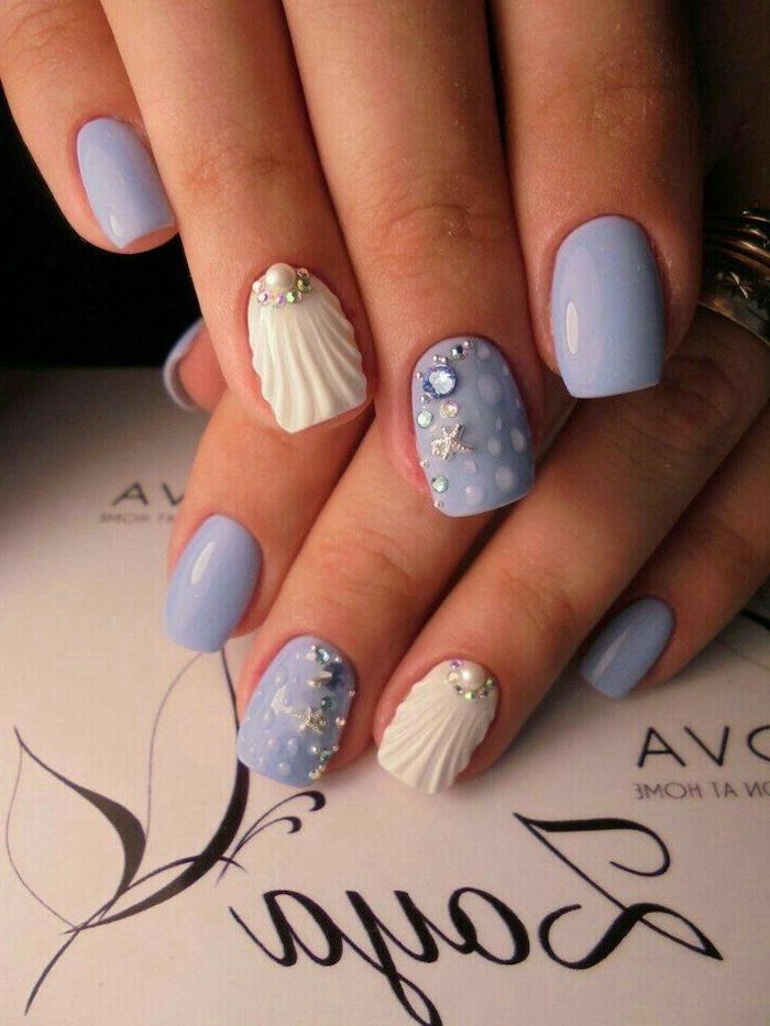 coffin nail ideas, mermaid nails, blue nail polish, white seashells, pearls and rhinestones