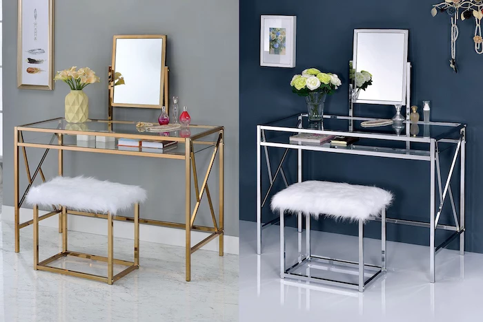 side by side photos, mirrored vanity table, gold metal, silver metal, white furry cushion, glass countertops