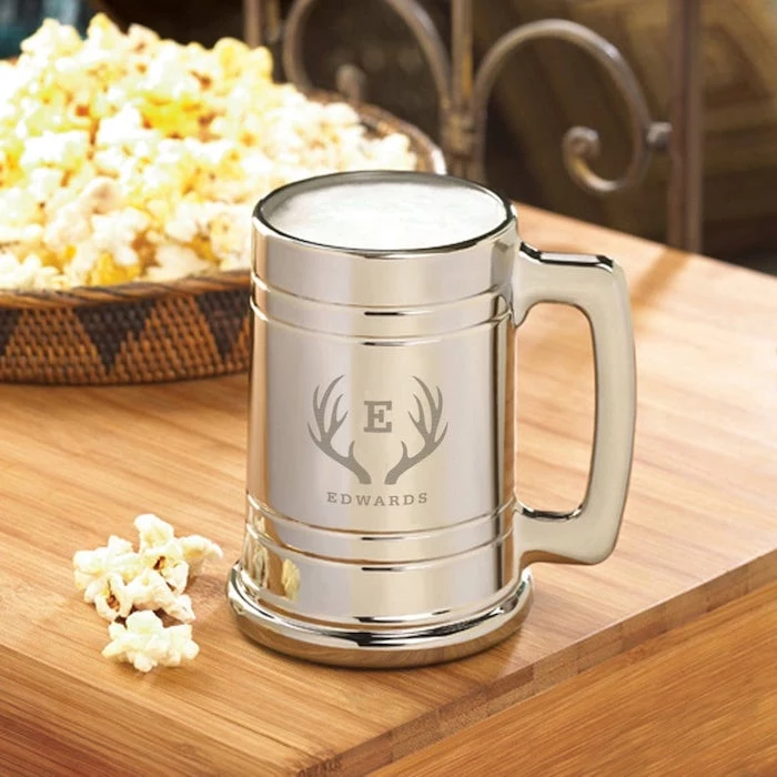metal beer mug, personalised with name, groomsmen invitations, popcorn bowl, wooden table