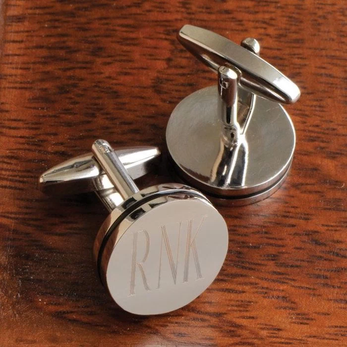 metal cufflinks, personalised with initials, groomsmen invitations, wooden background