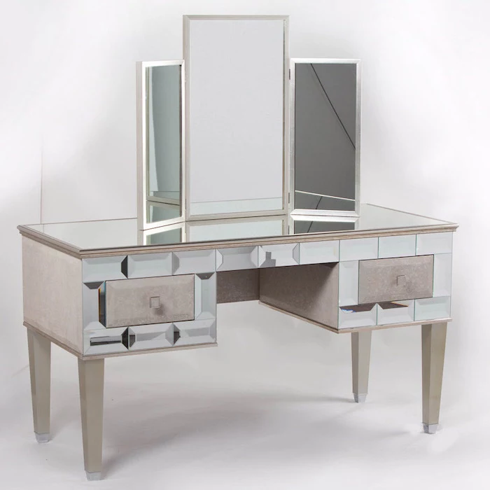 three fold mirror, mirrored countertop, small makeup vanity, with drawers, white background