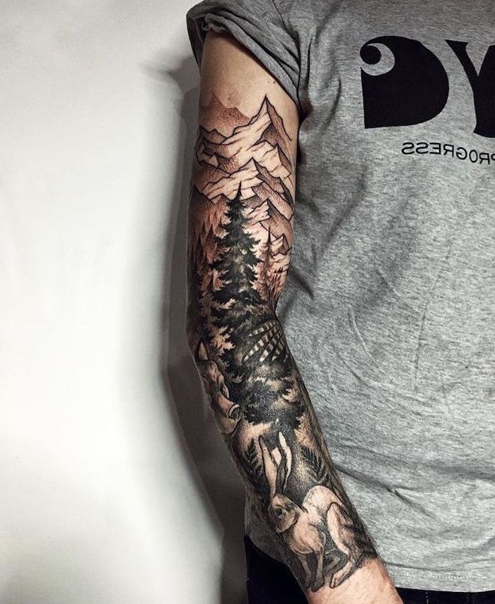 mountain landscape, grey t shirt, white background, sleeve tattoo designs