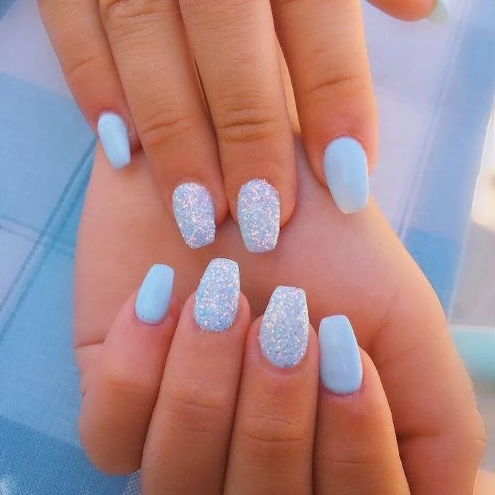 blue and glitter, nail polish, coffin nail ideas, blue background