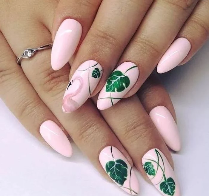 pink nail polish, pink flamingo, green leaves, nail color ideas, silver ring, white background