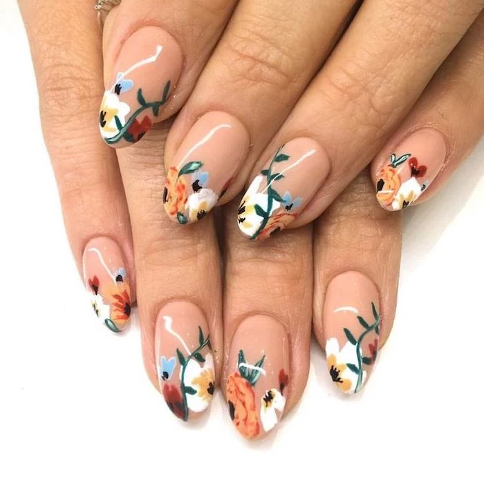 nude nail polish, summer acrylic nails, floral motifs, white and orange flowers