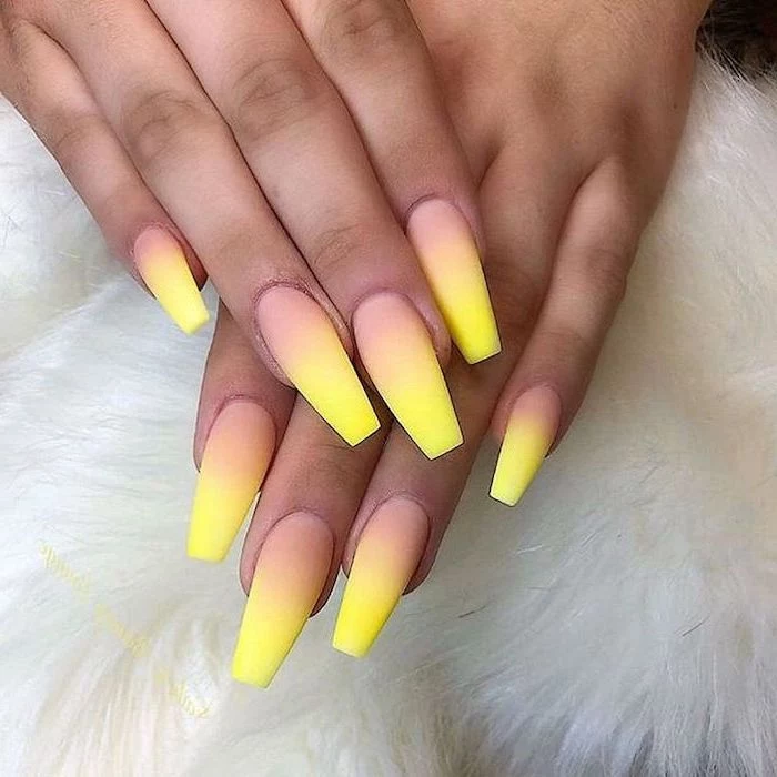 nude and yellow ombre, summer acrylic nails, long coffin nails, white background