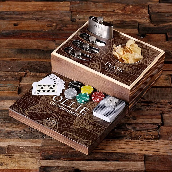 wooden box, poker set, with metal flasks, groomsmen invitations, deck of cards, poker chips
