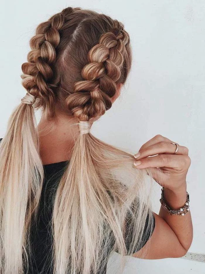 two braids, two ponytails, dark blonde hair, ombre hair, how to braid, black top