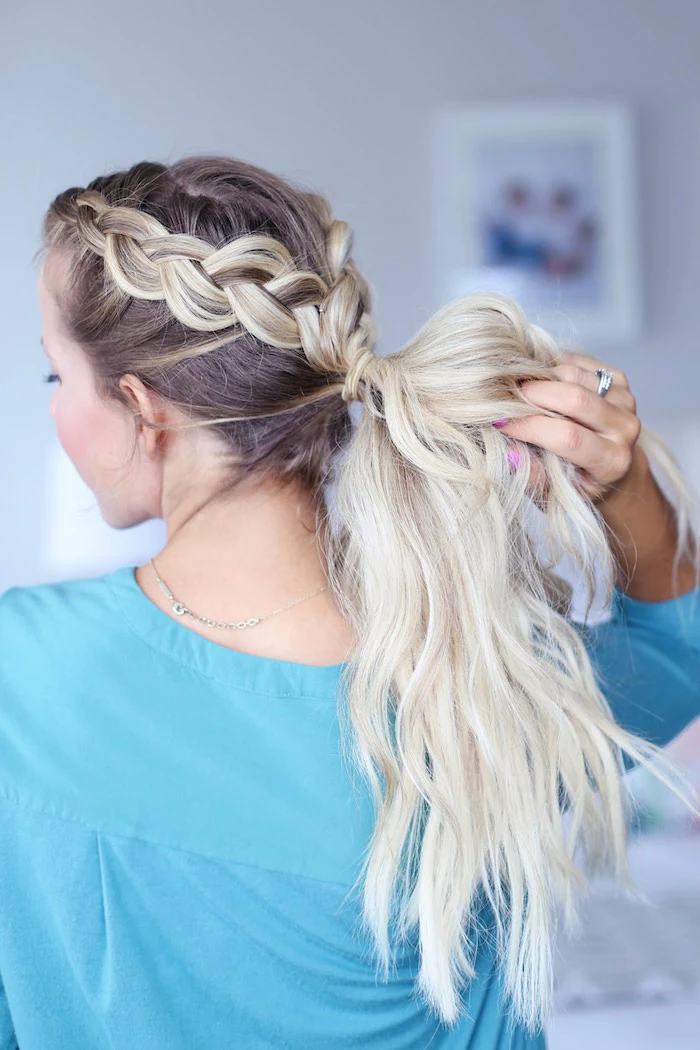ombre hair, two braids, wavy ponytail, easy braid hairstyles, blue shirt