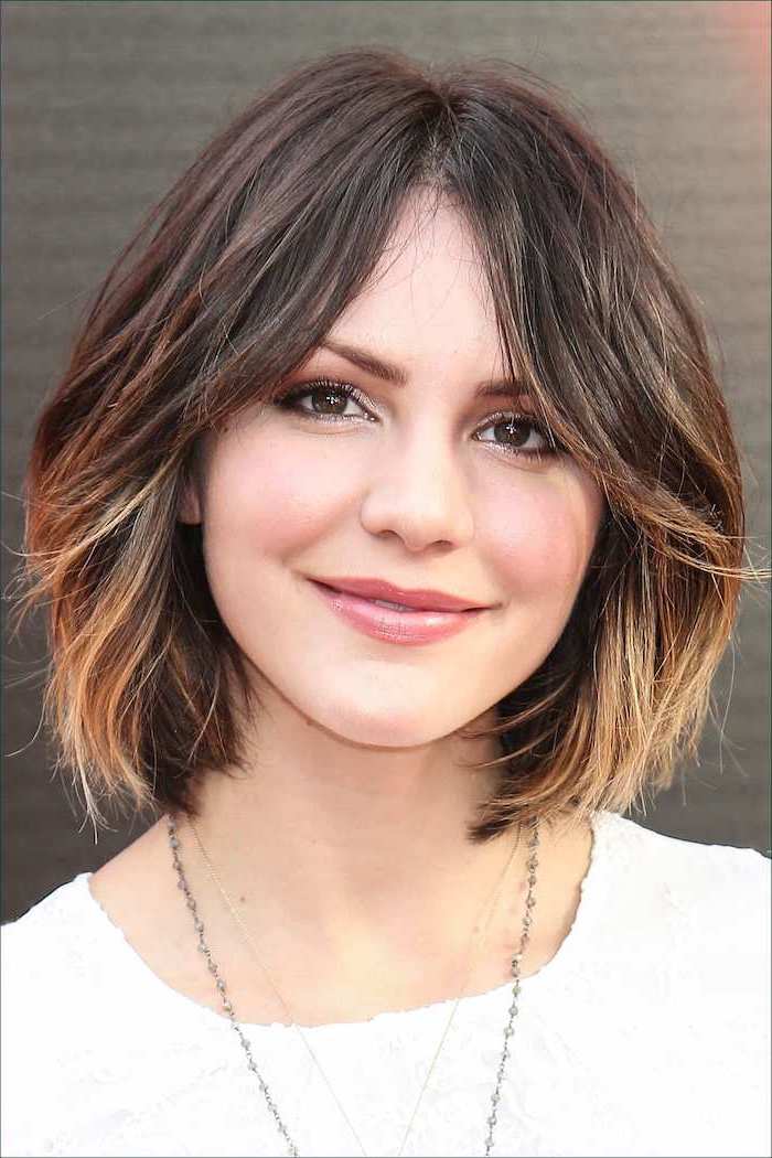 short bob hairstyle, brown to blonde, white top, rose gold ombre hair