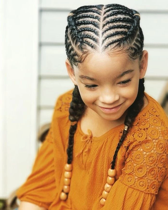 orange top, little girl, black hair, braided with beads, easy braid hairstyles