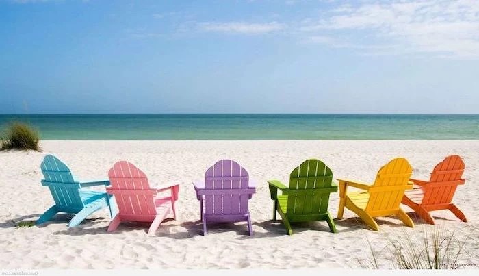 orange and yellow, green and purple, pink and blue, lounge chairs, cute summer wallpapers, on the beach
